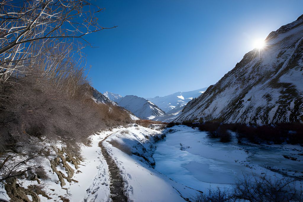 Frozen River in Winter in Hemis National Park Frozen River in Winter in Hemis National Park in ladakh, india