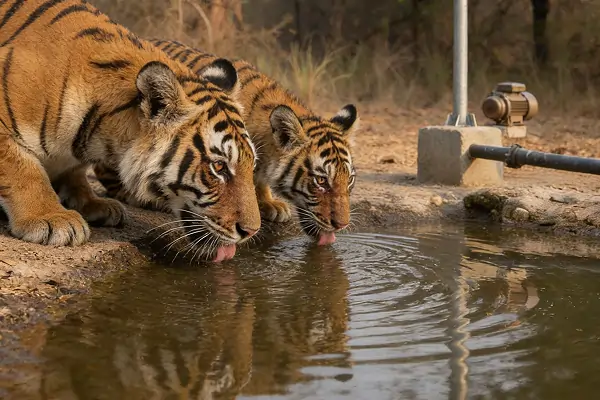 tiger drinking water from solar pump