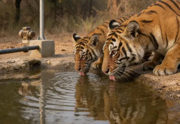 tiger sipping water from solar water pump